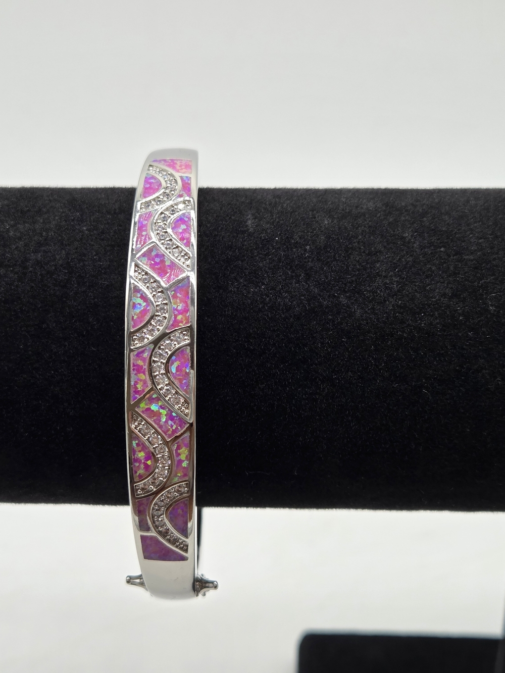 925 Sterling Silver Pink Fire Opal CZ Hinged Bangle Bracelet Oval Wave